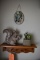 WOODEN SHELF, SQUIRREL, FAUX PLANT AND GLASS BIRD