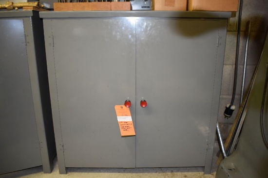 GRAY METAL CABINET WITH TWO DOORS, 13 3/4"D x 35"W x 34 3/4"H,