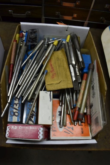 BOX OF ASSORTED ENDMILLS, TAPS, CUTTING TOOLS,