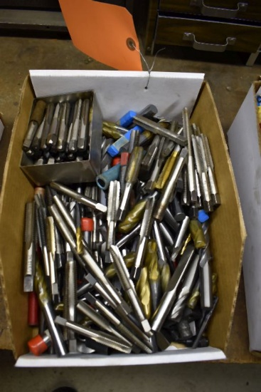 BOX OF ASSORTED ENDMILLS, TAPS, CUTTING TOOLS,