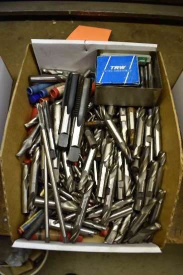 BOX OF ASSORTED ENDMILLS, TAPS, CUTTING TOOLS,