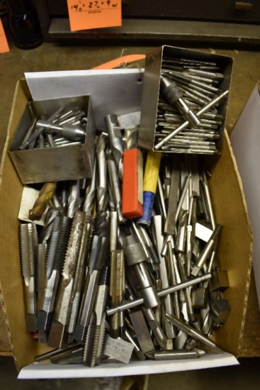 BOX OF ASSORTED ENDMILLS, TAPS, CUTTING TOOLS,