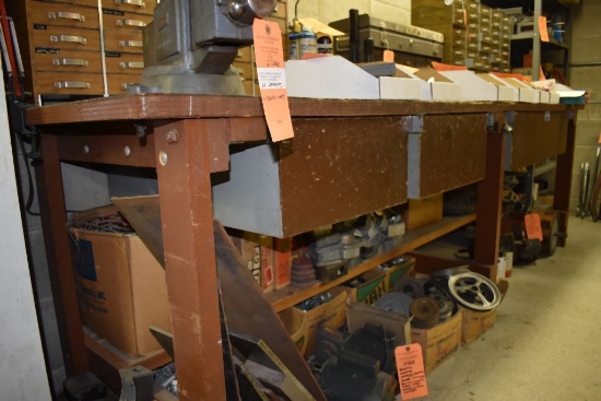 DOUBLE WORKBENCH WITH SHARED TOP, FOUR DRAWERS,