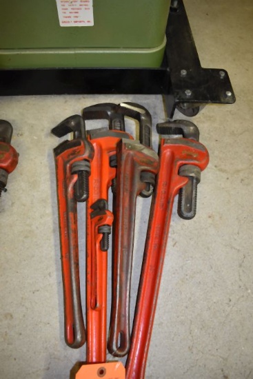 (5) RIDGID PIPE WRENCHES, (2) 24", (2) 18" AND (1) 8"