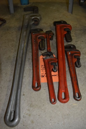 SET OF (6) RIDGID PIPE WRENCHES, 36", 24", 18", 12",