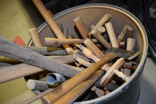 BIN WITH HAND HATCHET, TOOL HANDLES, LAMP AND MISC.