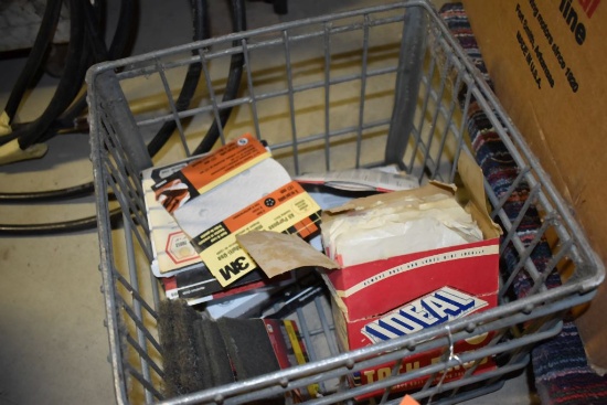 METAL MILK CRATE WITH SANDPAPER, TACK CLOTHS AND MISC.