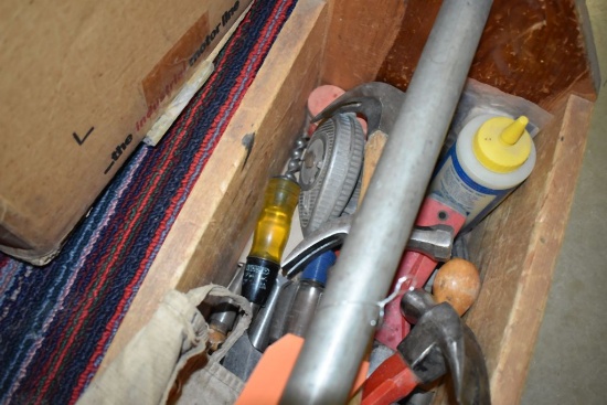 LARGE WOODEN TOTE WITH HAMMERS, CHISELS, CHALK AND