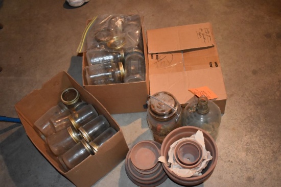 CANNING JARS, PLANTERS AND MISC. UNDER THIS TABLE