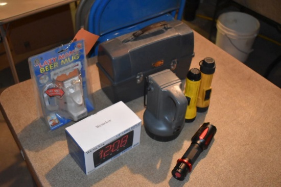 FLASHLIGHTS, ALARM CLOCK (IN BOX), BEER MUG AND