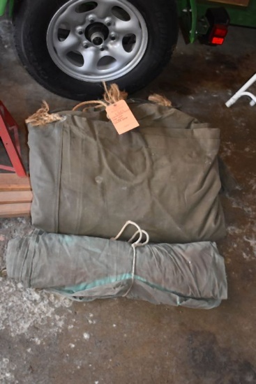 CANVAS (MILITARY?) POLE TENT WITH 2 SUPPORTS, CENTER BEAM