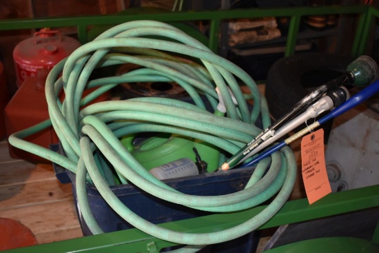 PLASTIC TUB WITH GARDEN HOSE, SPRAYERS, GRABBER POLE