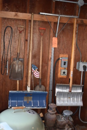TOOLS HANGING ON WALL - SNOW SHOVELS, COAL SHOVELS,