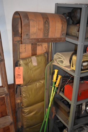 TOBOGGAN, HOMEMADE SKIS AND SET OF SKI POLES