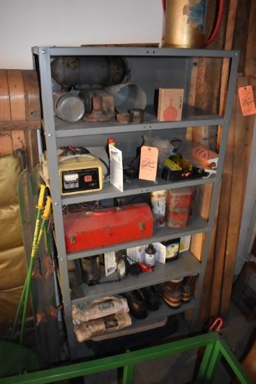 METAL SHELVING UNIT WITH CONTENTS; TIE DOWNS,