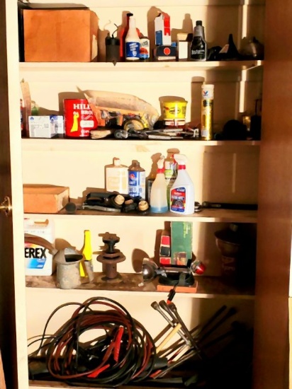CONTENTS OF CLOSET; JUMPER CABLES, SPEAKERS,
