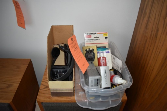 BIN AND BOX OF MISC. MUSIC ITEMS; HEADPHONES,