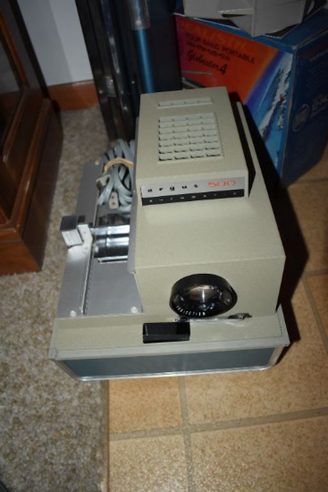 ARGUS SLIDE PROJECTOR, SCREEN AND BOX WITH SLIDE HOLDERS