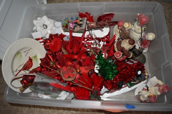 BIN WITH CHRISTMAS DECORATIONS, MOSTLY RED