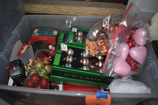 BIN WITH MISC. CHRISTMAS DECORATIONS AND BULBS