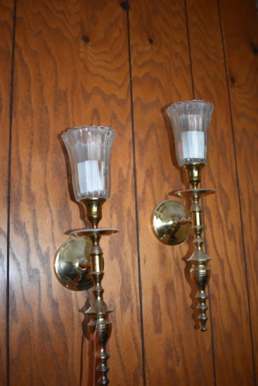 (2) BRASS AND GLASS SCONCES