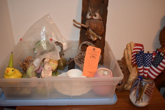 MISC. ITEMS ON TOP OF CABINET; EASTER DECOR, FLAGS, ETC.