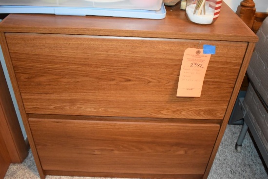 BROWN WOODEN TWO DRAWER FILE CABINET, 20" x 29" X 28" TALL