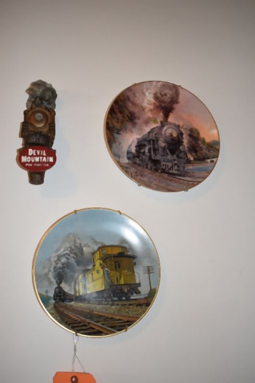 (5) TRAIN PLATES WITH HANGERS, INCLUDES DEVIL