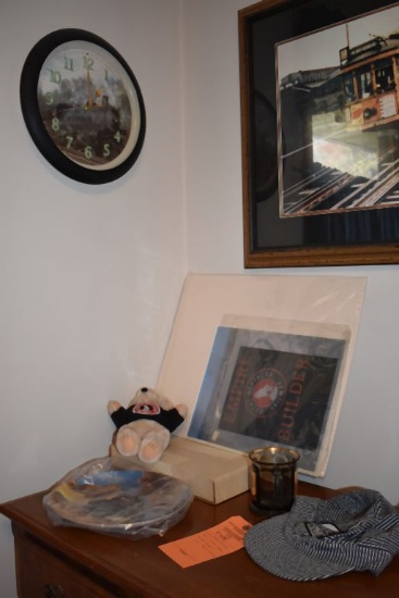WOOD FRAMED PICTURE, TRAIN CLOCK, TRAIN PRINTS,