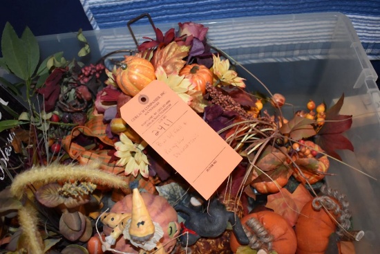 BIN WITH FALL AND PUMPKIN DECORATIONS