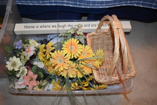 BIN WITH MISC. FLOWER DECOR AND BASKET