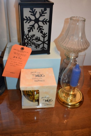 (4) MISC. ITEMS; OIL LAMP, CANDLE, MUG AND