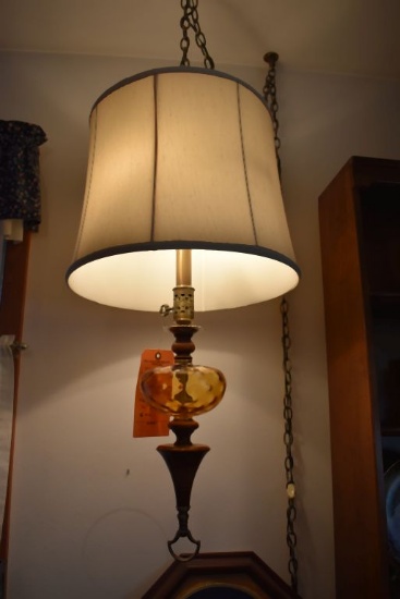 VINTAGE GLASS, BRASS AND WOOD LIGHT HANGING WITH