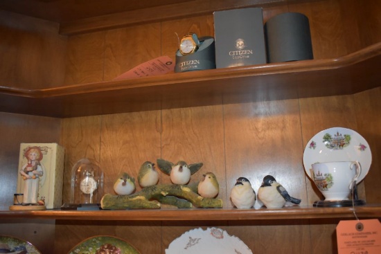 MISC. ITEMS ON THIS SHELF, BIRDS, CUP AND SAUCER, ETC.