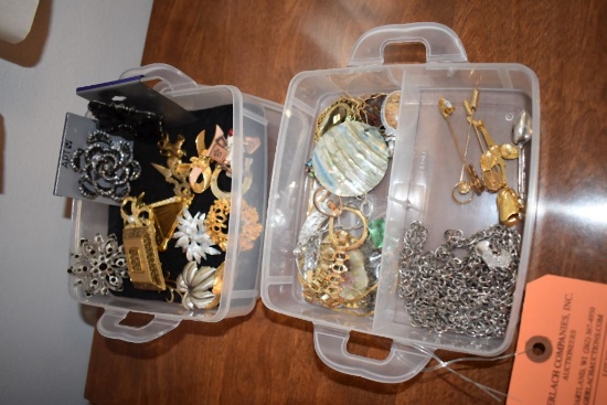 PLASTIC CONTAINERS WITH MISC. JEWELRY, MOSTLY PINS