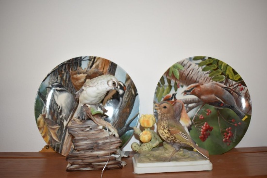 (4) ITEMS; "CEDAR WAXWING" PLATE, "DOWNY WOODPECKER" PLATE