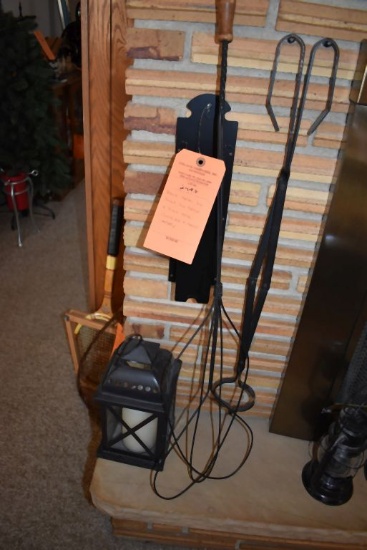 BLACK METAL LOG TONGS, RUG BEATER AND BLACK METAL CONTAINER