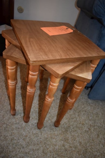 (3) BROWN WOOD STACKING TABLES, 13 1/2" x 13 1/2" x