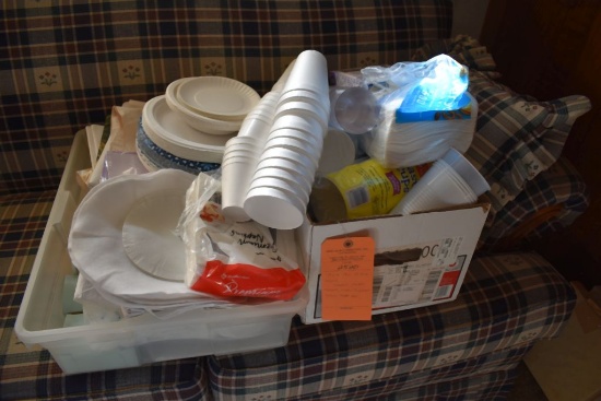 BIN AND BOX WITH MISC. ITEMS; CANDLES,