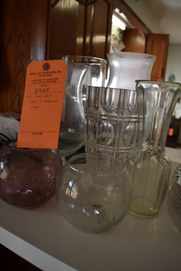 MISC. GLASSWARE; VASES AND HURRICANE GLOBE