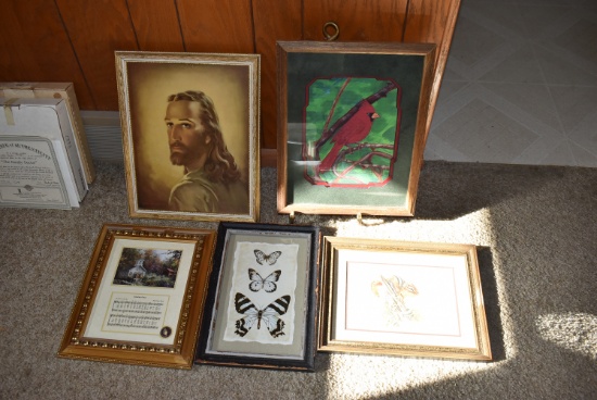 (6) MISC. SIZE PICTURES AND GOLD STAND