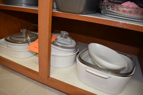 CONTENTS ON BOTTOM SHELF - WHITE CASSEROLE DISHES,