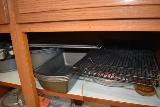 CONTENTS ON TOP SHELF, BAKEWARE PIE PLATES COOLING RACK, ETC.