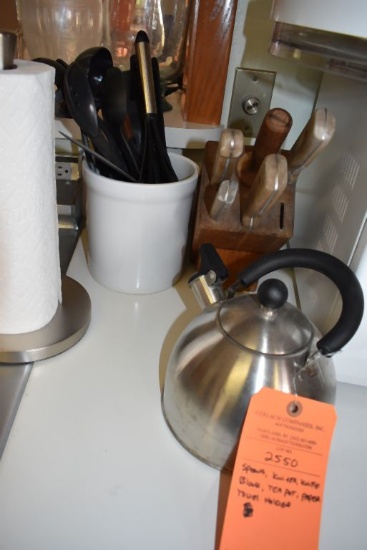 SPOONS, KNIVES, KNIFE BLOCK, TEA POT, PAPER TOWEL HOLDER