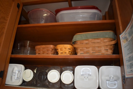 ASSORTED ITEMS IN THIS CUPBOARD, BASKETS,