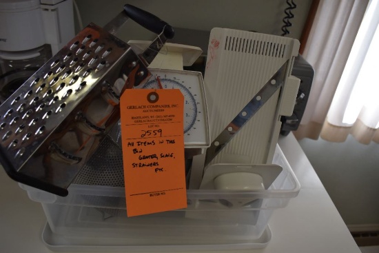 ALL ITEMS IN THIS BIN; GRATER, SCALE, STRAINERS, ETC.
