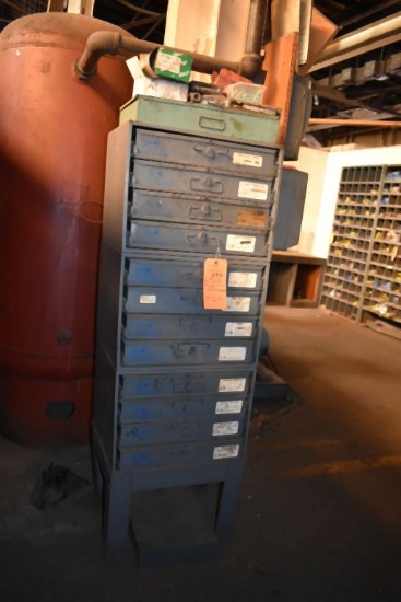 TWELVE DRAWER METAL PARTS ORGANIZER WITH CONTENTS