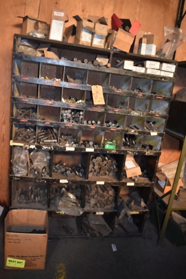 WOODEN ORGANIZER WITH 40+ BINS WITH CONTENTS; BOLTS,