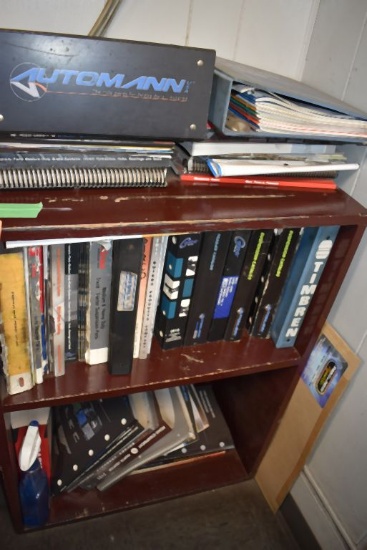TWO SHELF WOODEN OPEN BOOKCASE WITH CONTENTS,