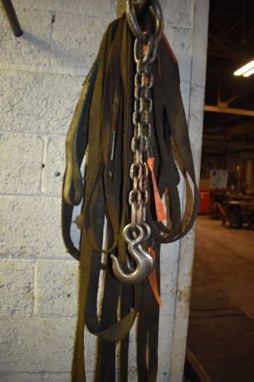 TWO HOOK LIFTING CHAIN AND ASSORTED SMALL LIFTING STRAPS